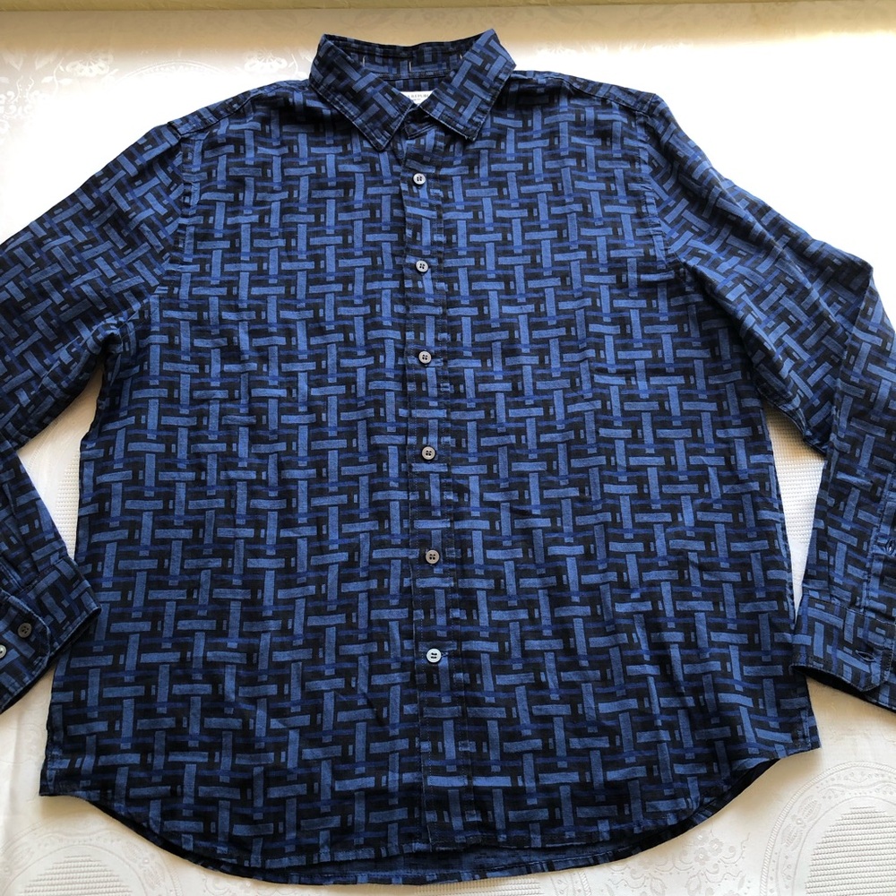 Banana Republic 100% Linen Men's Size L Navy Blue Patterned Button-Down Shirt
